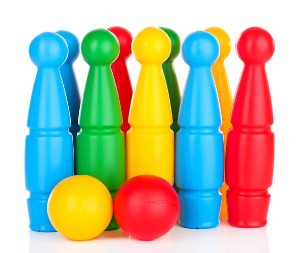 Colorful plastic skittles of toy bowling isolated on white — Stock Photo, Image