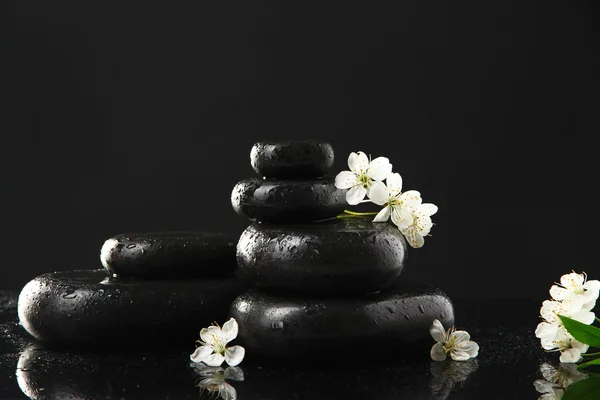 Pedras de spa e flores brancas isoladas em preto — Fotografia de Stock