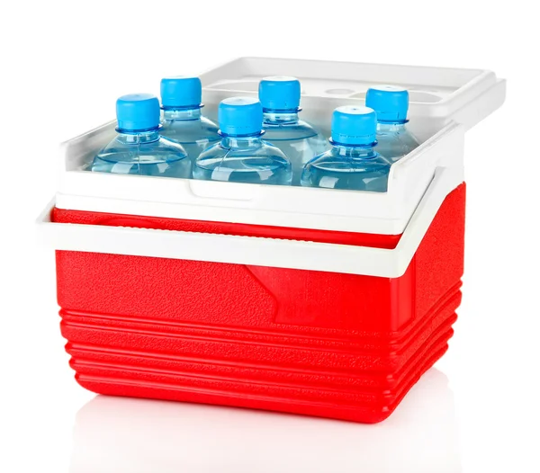 Traveling refrigerator with bottles of water, isolated on white — Stock Photo, Image