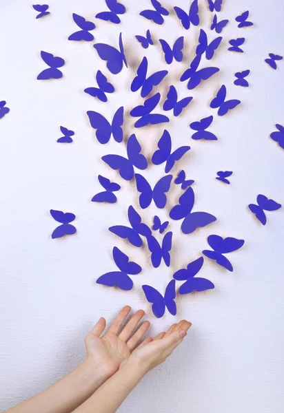 Paper butterflies fly on wall in different directions — Stock Photo, Image