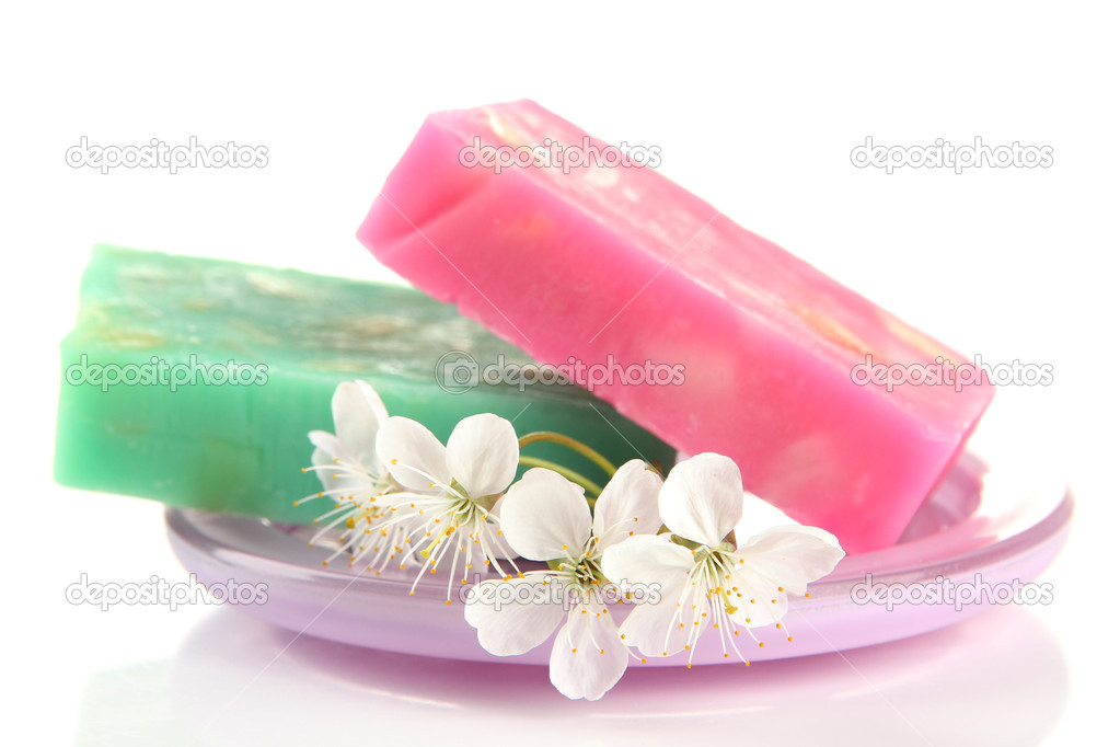 Soap-dish with natural handmade soap, isolated on white