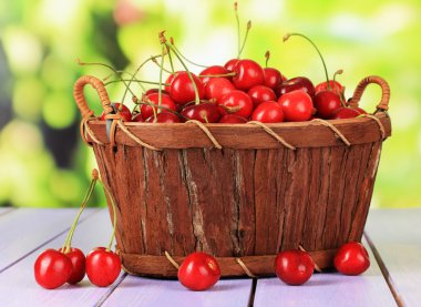 kiraz meyveleri sepeti parlak zemin üzerine ahşap tablo