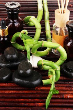 ahşap masa yakın çekim üzerinde bambu dalları ile Spa kompozisyon