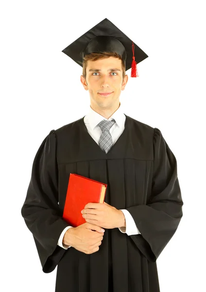 Jonge afstuderen man met boek, geïsoleerd op wit — Stockfoto