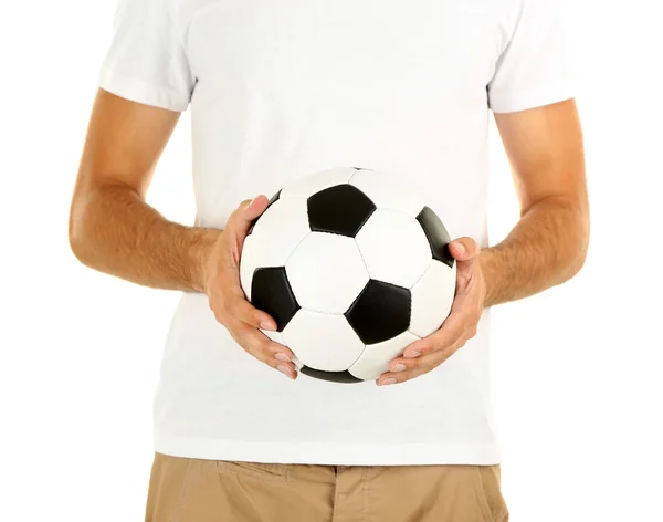 Młody piłkarz posiadający piłkę, na białym tle — Zdjęcie stockowe