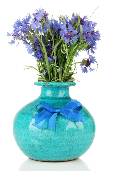 Beau bouquet de bleuets en vase, isolé sur blanc — Photo