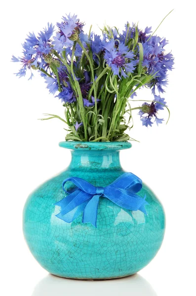 Beautiful bouquet of cornflowers in vase, isolated on white — Stock Photo, Image