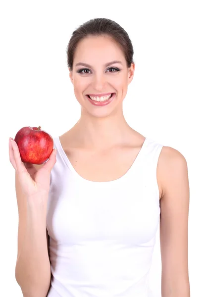 Lächelnde Frau mit Apfel auf weißem Grund — Stockfoto