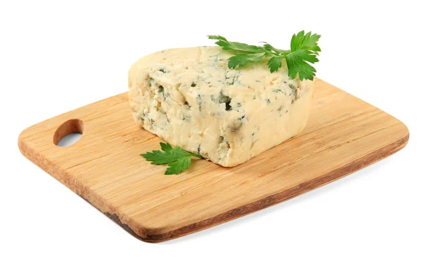 Tasty blue cheese on cutting board, isolated on white — Stock Photo, Image