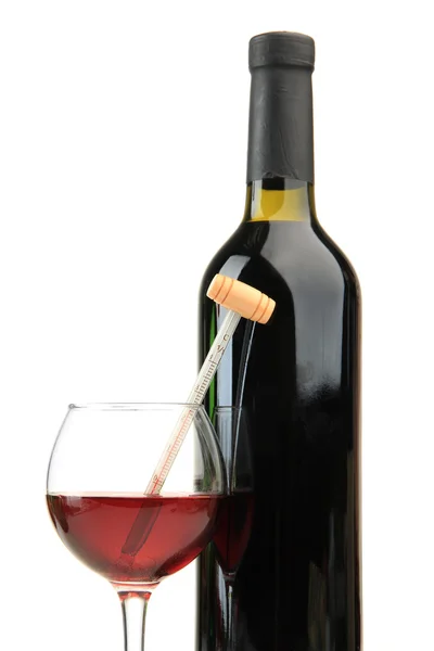 Bottle and glass of wine with thermometer, isolated on white — Stock Photo, Image