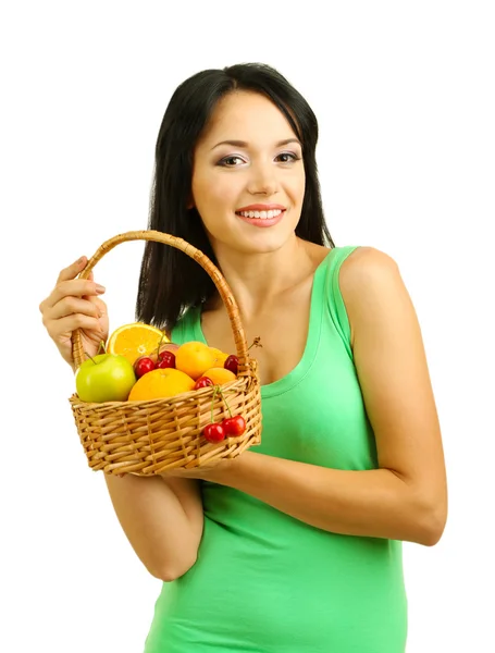 Menina com frutas frescas isoladas no branco — Fotografia de Stock