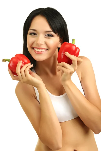 Ragazza con peperoni freschi isolati su bianco — Foto Stock