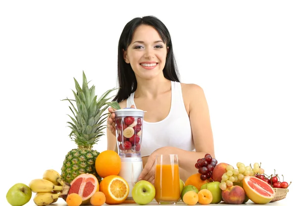 Ragazza con frutta fresca isolata su bianco — Foto Stock