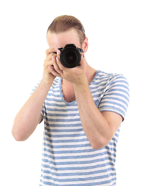 Schöner Fotograf mit Kamera, isoliert auf weiß — Stockfoto