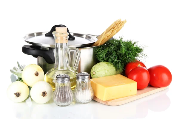 Ingredients for cooking pasta isolated on white — Stock Photo, Image