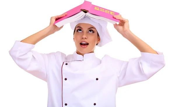 Portret van een jonge vrouw chef-kok met kookboek geïsoleerd op wit — Stockfoto