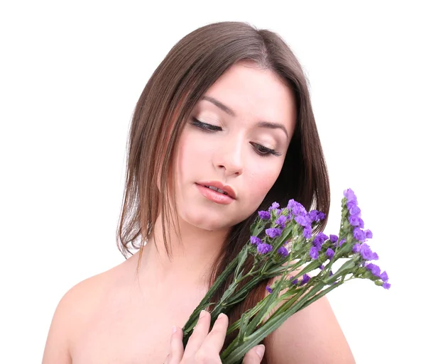 Bella giovane donna con fiori isolati su bianco — Foto Stock