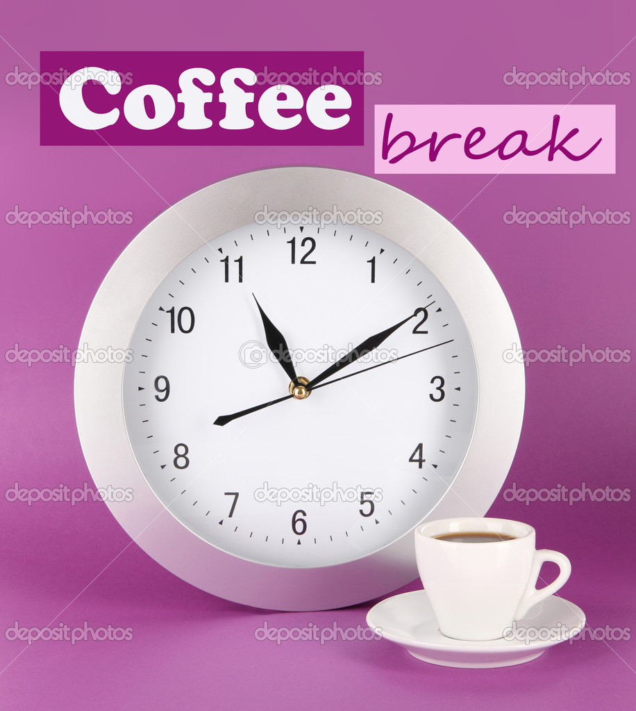 Cup coffee and clock on purple background