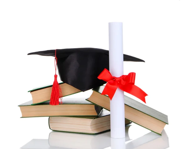 Grad hat with diploma and books isolated on white — Stock Photo, Image