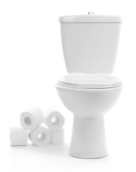 WC bianco con carta igienica, isolato su bianco — Foto Stock