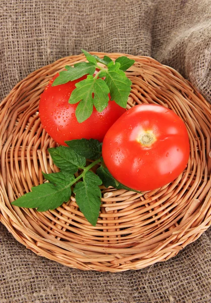 Fresh tomatoes on wicker mat on sackcloth background — Stock Photo, Image