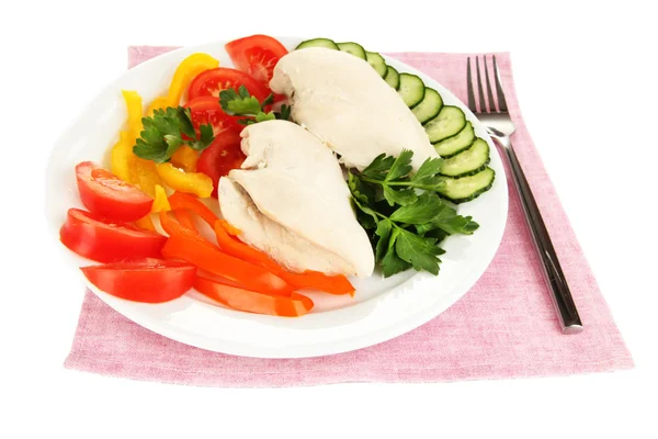 Boiled chicken breast on plate with vegetables isolated on white — Stock Photo, Image