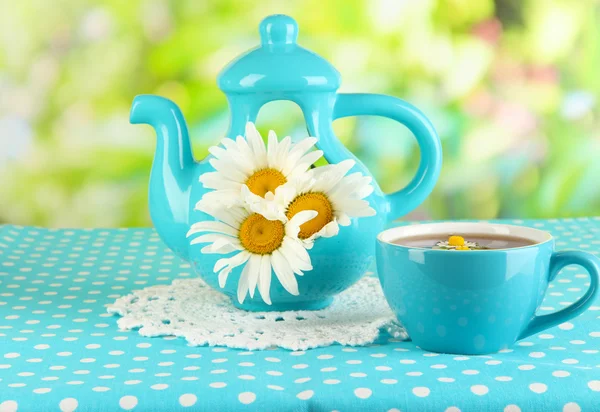 Gyönyörű csokor chamomiles teáskannát a természetes háttér terítő — Stock Fotó
