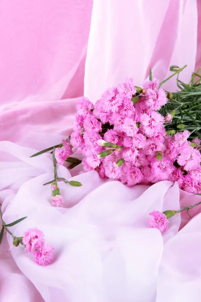 Viele kleine rosa Nelken auf hellem Stoff Hintergrund — Stockfoto