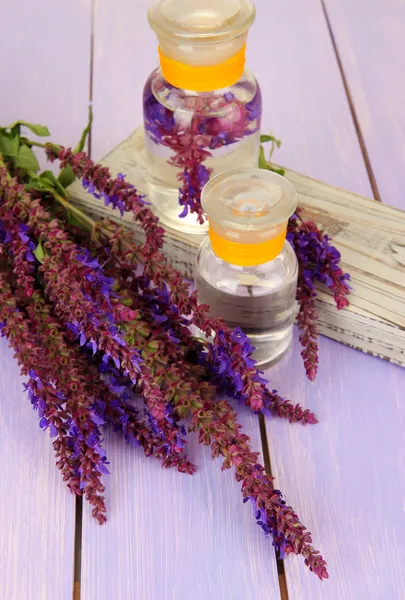 Garrafas de remédio com flores de salvia em fundo de madeira roxa — Fotografia de Stock