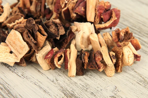 stock image Dried mushrooms on wooden background