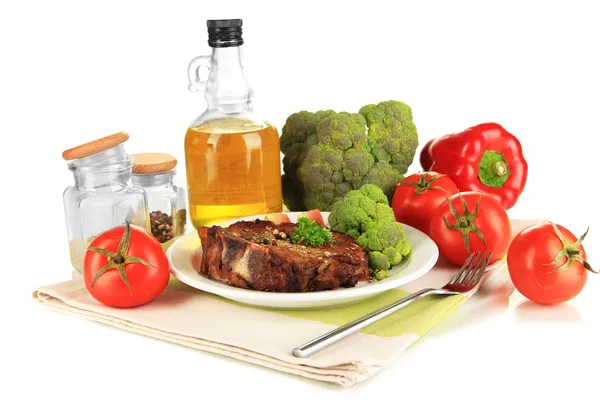 Piece of fried meat on plate isolated on white — Stock Photo, Image