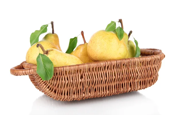 Juicy pears in wicker basket isolated on white — Stock Photo, Image