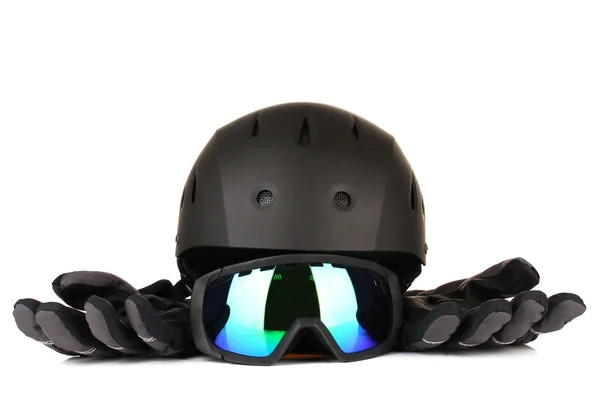 Occhiali sportivi invernali, casco e guanti, isolati su bianco — Foto Stock
