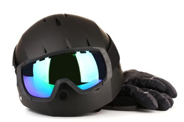 kış spor gözlük, kask ve üzerinde beyaz izole eldivenler