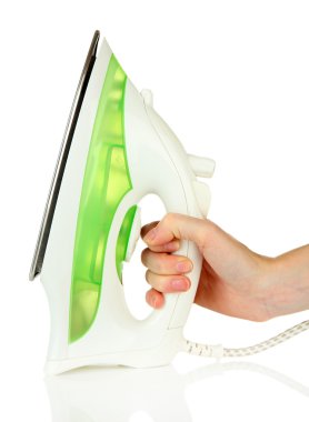 demir elinde, üzerinde beyaz izole Buhar