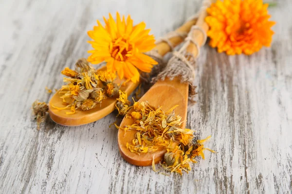 Fiori di calendula freschi e secchi su fondo di legno — Foto Stock