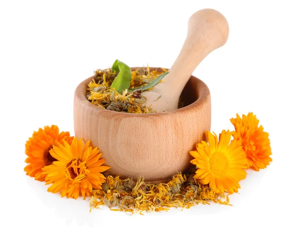 Fresh and dried calendula flowers in wooden mortar isolated on white — Stock Photo, Image
