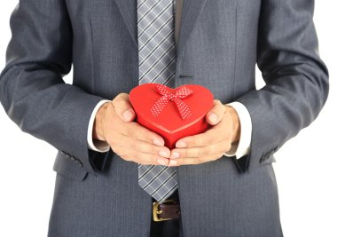 beyaz izole genç işadamı mevcut hediye kutusu