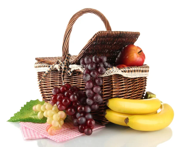 Picnic basket with fruits isolated on white — Stock Photo, Image