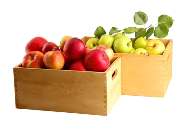 Saftige Äpfel mit grünen Blättern in Holzkisten, isoliert auf weiß — Stockfoto