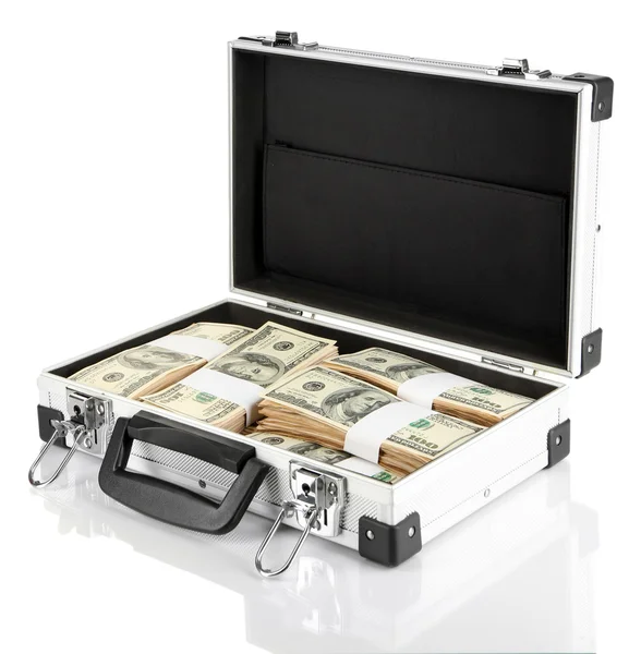Suitcase with 100 dollar bills isolated on white — Stock Photo, Image