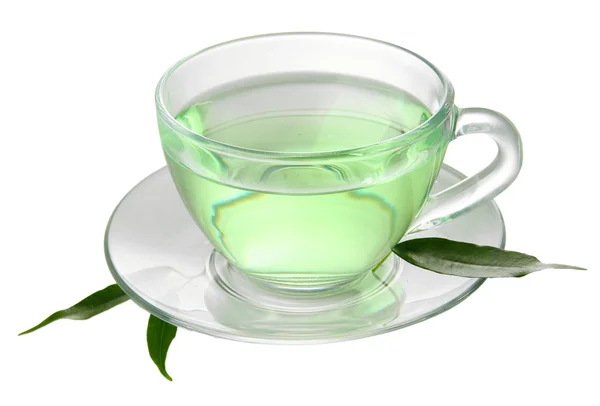 Taza transparente de té verde, aislada en blanco — Foto de Stock