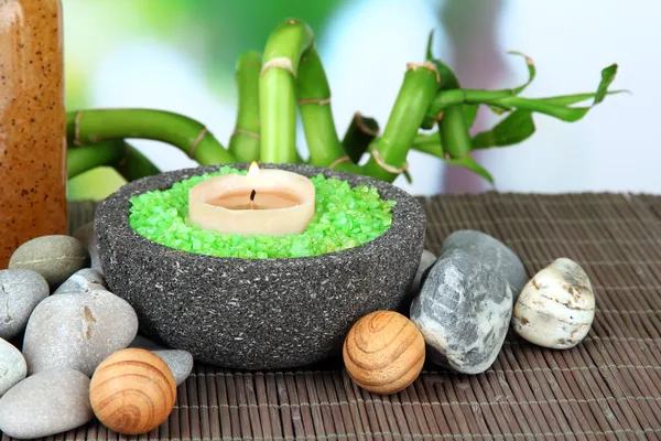 Stilleven met groene bamboe plant en stenen, op bamboe mat, op lichte achtergrond — Stockfoto