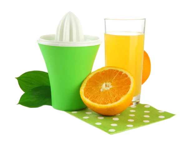 Citrus press, glass of juice and ripe oranges, isolated on white — Stock Photo, Image