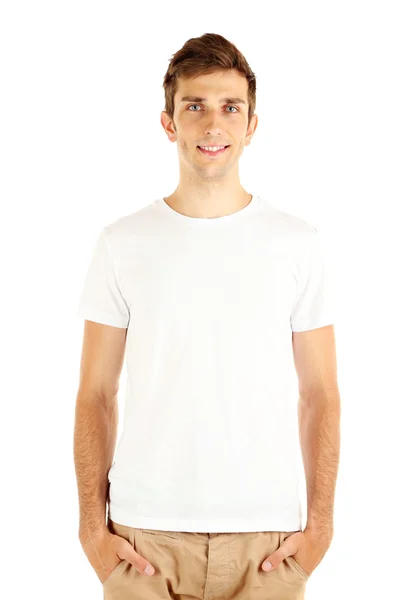 T-Shirt auf jungen Mann isoliert auf weiß — Stockfoto