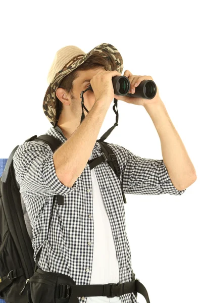 Joven excursionista turista con binocular, aislado en blanco — Foto de Stock