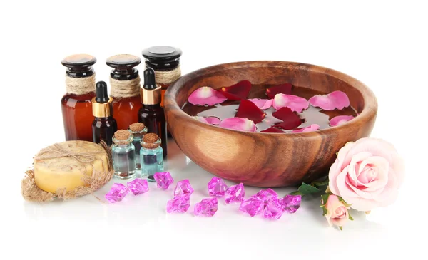 Composición del spa con aceites aromáticos aislados en blanco — Foto de Stock