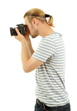 beyaz izole kamera ile yakışıklı fotoğrafçı