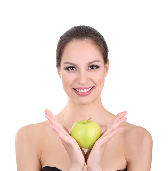 Lächelnde Frau mit Apfel auf weißem Grund — Stockfoto