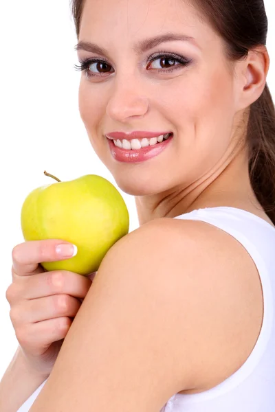 Lächelnde Frau mit Apfel auf weißem Grund — Stockfoto